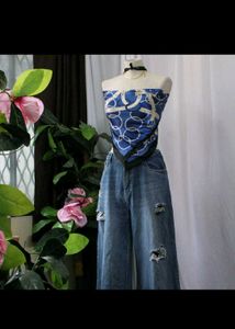 Silk Scarf Top - Elegant Blue Pattern