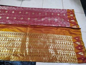Red And GoldVelvet Saree with Stitched Blouse