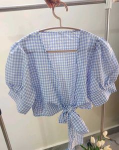 Blue Gingham Tie-Front Top