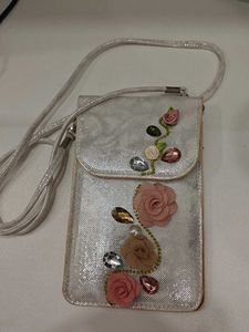 Silver Sling Bag with Floral Detail