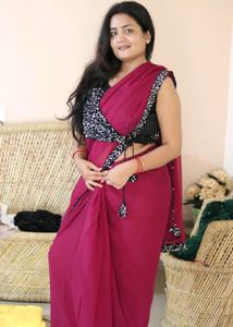 Beautifu Wine Colour Saree With Black Readymade Bl