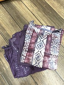 Purple Batik Print Top & Pants Set With Dupatta