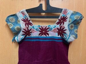 Magenta Pleated Tunic - Floral Yoke - Size L