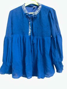 Elegant Blue Tie-Neck Top