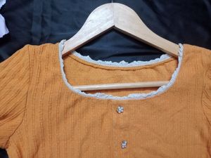 Musturd Ribbed Crop Top with Button Details