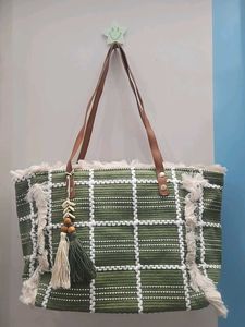 Green Woven Tote Bag with Tassels