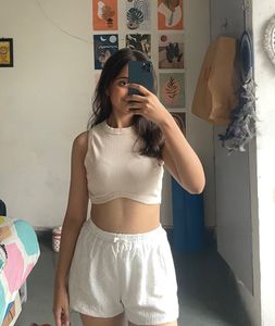 Cream Ribbed Crop Top &amp; White Shorts Set