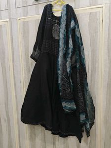 Embroidered Black Frock Style Kurta With Duppta