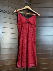 Women Red Satin Lace Nighty With Robe