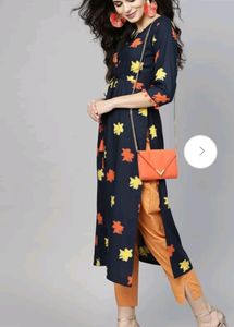 Libas Women Blue &amp; Orange Printed Straight Kurta