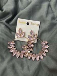 Pink Crystal Leaf Hoop Earrings