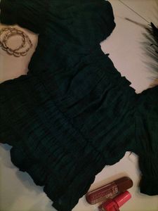 Dark Green Plaid Puff Sleeve Top