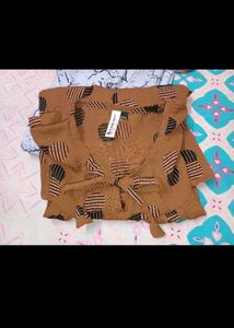 Brown Printed Tie Neck Top