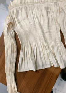 Cream Smocked Long Sleeve Blouse