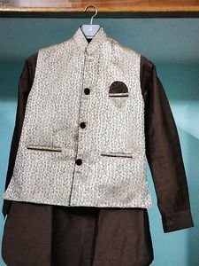 Wedding Guest Wear Kurta Set With Pajama In Brown Oand Beige Color