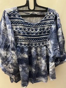 Tie & Dye Flared Top with Embroidered Yoke