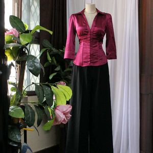 Elegant Magenta Satin Corset Shirt