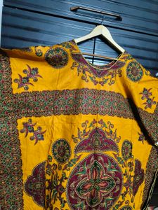 Women Yellow Red Printed Cotton Kaftan Maxi Dress