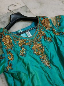 Teal Embellished Cold Shoulder Anarkali Dress
