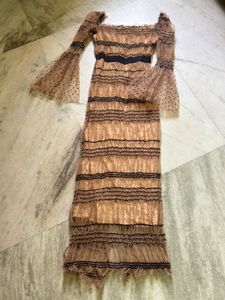 Nude Polka Dot &amp; Striped Mesh Dress