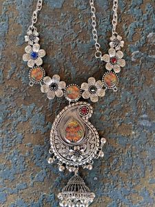 Floral Silver Jhumka Necklace