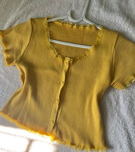 Yellow Ribbed Lace Trim Top