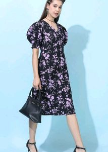 Floral Print Puff Sleeve Midi Dress
