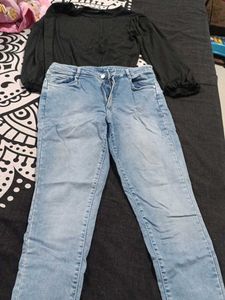 Combo Of Light Wash Jeans & Black Top Set