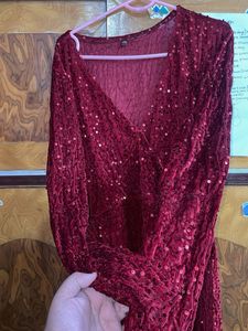 Velvet Red Sequin Evening Gown For Party