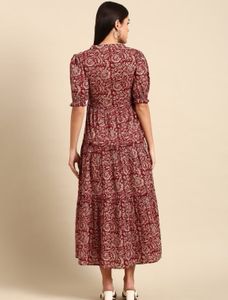 Patterned Midi Dress with Puff Sleeves