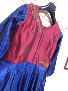 Soft Silk Maroon With Blue Long Maxi Dress