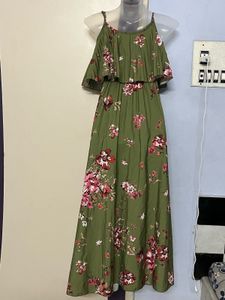 Sassafras Olive Floral Strappy Pleated Maxi Dress