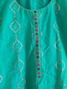 Teal Embroidered Kurti Dupatta Pant Suit.