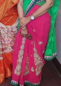 Pink &amp; Green Embroidered Saree😍