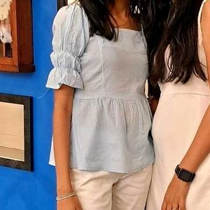 Blue Cotton Peplum Top