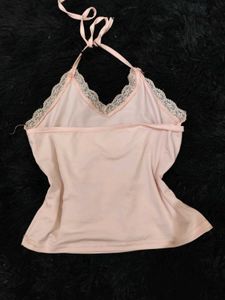 Pink Halter Neck Lace Fem Fitted Top