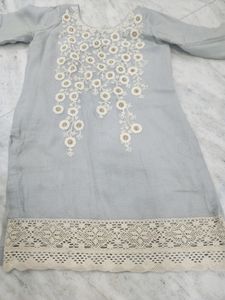 Grey Short Kurta Suit With Embroidery And Pearl Wo