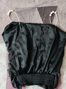 Satin Ruched Pearl Strap Top