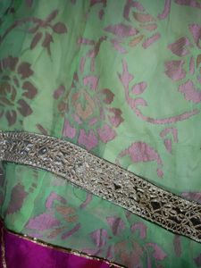 Elegant Green &amp; Pink Floral Lehenga Skirt
