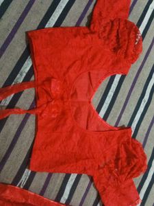 Red Blouse with Pearl Detail