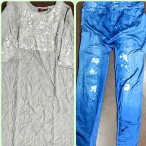 Embroidered Kurta & Stretchable Leggings Set