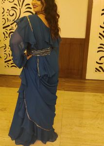 Elegant Blue Drape Saree With Bishop Sleeves