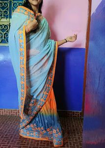 Orange And Silver Colour Saree