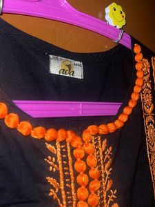 ADA BLACK &amp; ORANGE Embroidered Chikankari KURTA