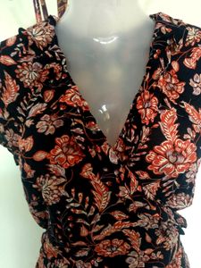 Navy Blue Floral Print Ruffled Wrap Top