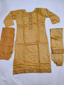 Muslin Golden Embroidered Kurta Set