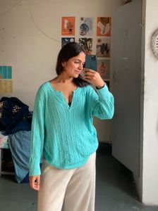 Aqua Cable Knit V-Neck Sweater