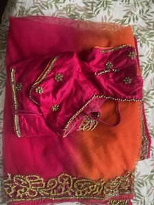Orange &amp; Pink Net Embroidered Saree