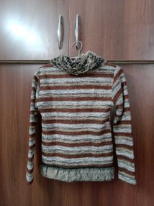 Striped Faux Fur Trim Sweater