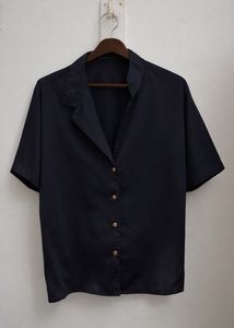 Stylish Black Satin Shirt with Gold Buttons